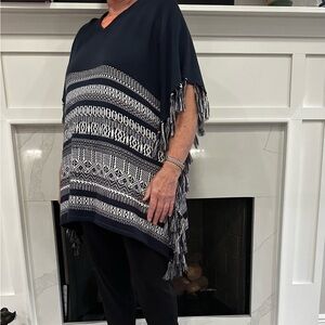 Chico's Elegant Blue and White Knit V-Neck Poncho with Fringe Details Size S/M